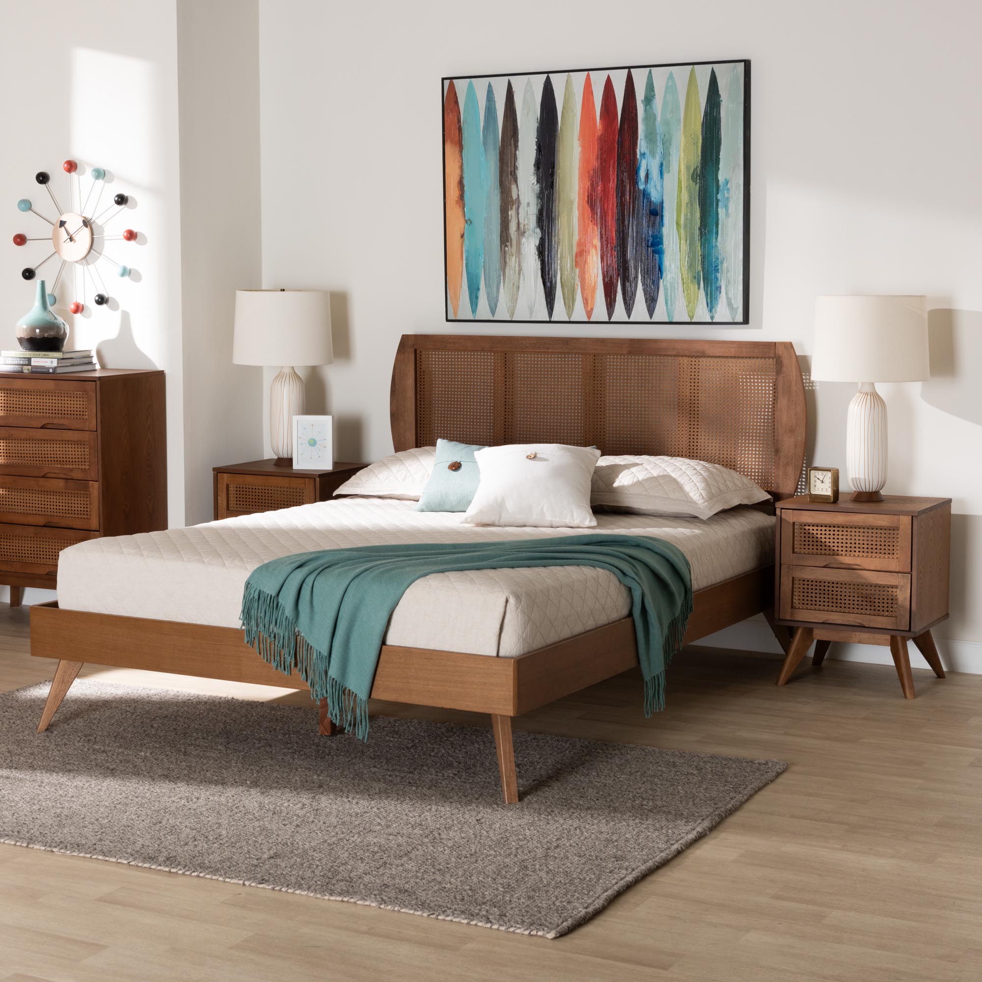 Asami Mid-Century Modern Walnut Brown Finished Wood And Woven Rattan Queen Size 3-Piece Bedroom Set