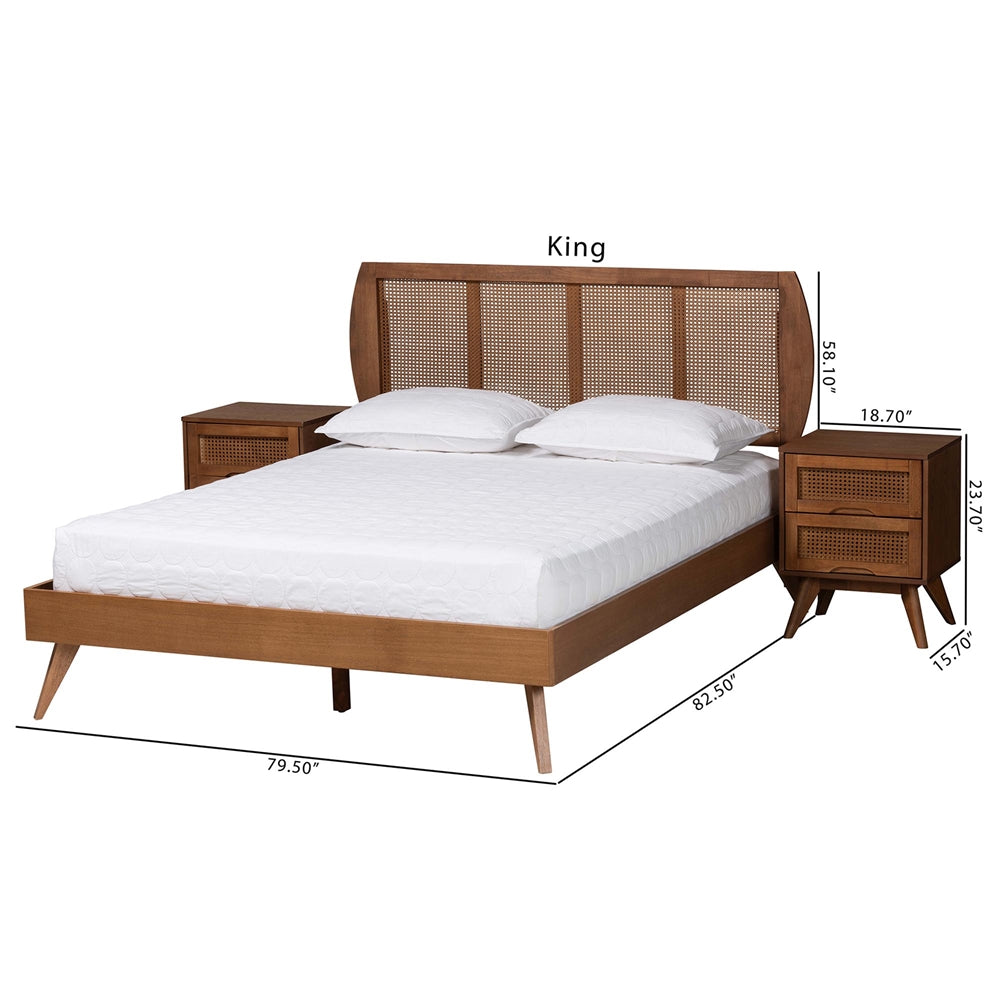 Asami Mid-Century Modern Walnut Brown Finished Wood And Woven Rattan King Size 3-Piece Bedroom Set