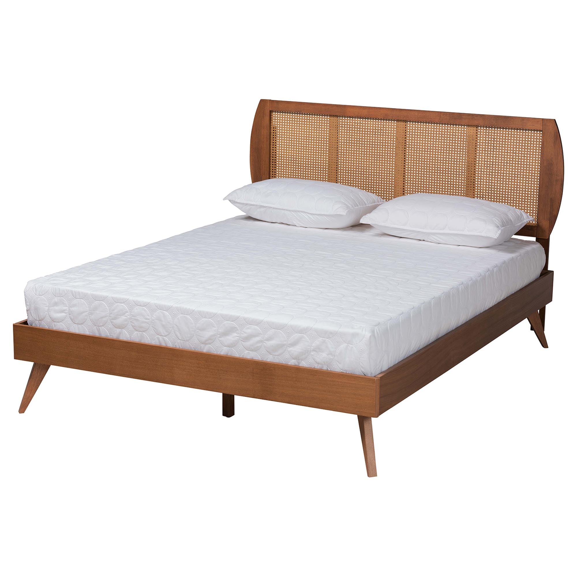 Asami Mid-Century Modern Walnut Brown Finished Wood And Woven Rattan Full Size 3-Piece Bedroom Set