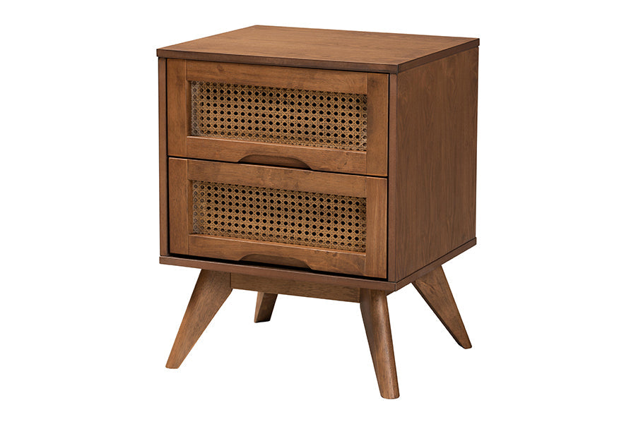 Asami Mid-Century Modern Walnut Brown Finished Wood And Woven Rattan Full Size 3-Piece Bedroom Set