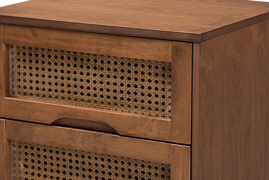 Asami Mid-Century Modern Walnut Brown Finished Wood And Woven Rattan Full Size 3-Piece Bedroom Set