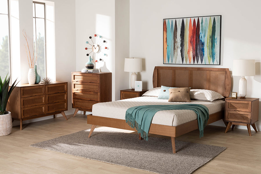 Asami Modern Walnut Brown Finished Wood And Woven Rattan Queen Size 5-Piece Bedroom Set