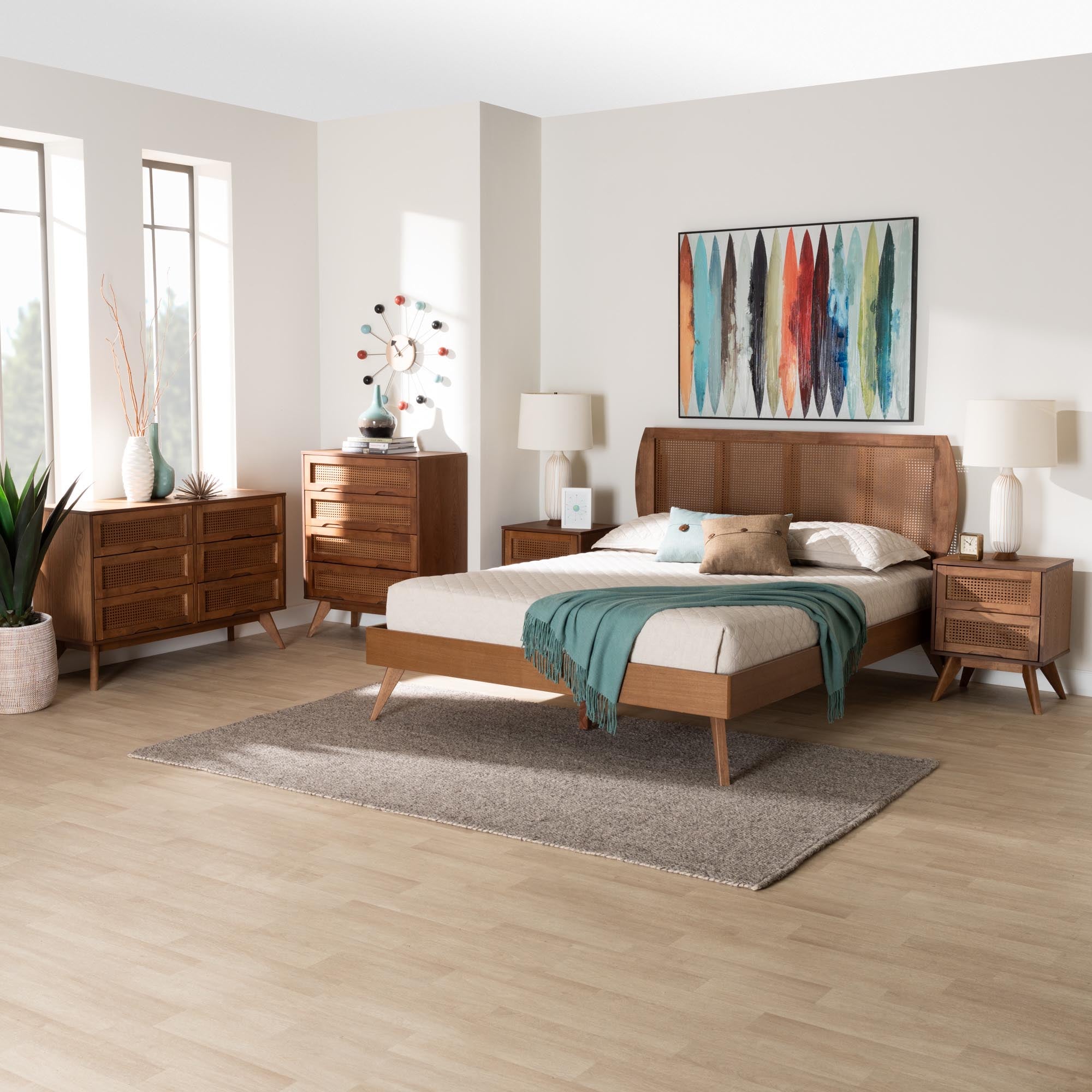 Asami Modern Walnut Brown Finished Wood And Woven Rattan Queen Size 5-Piece Bedroom Set