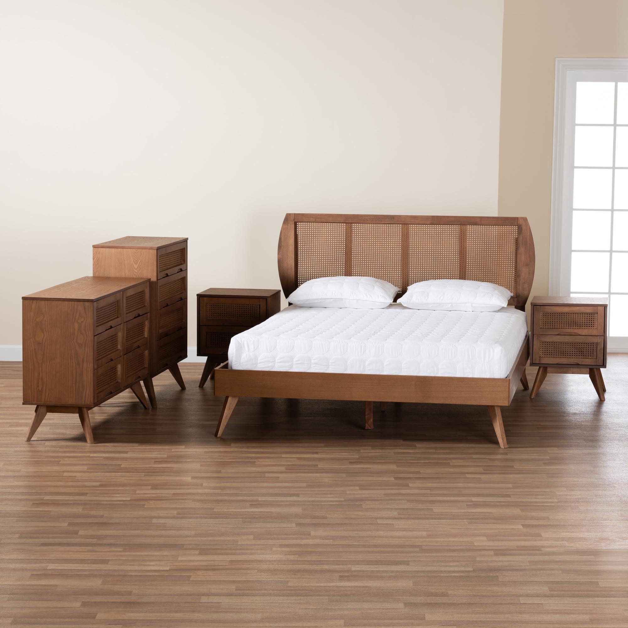 Asami Modern Walnut Brown Finished Wood And Woven Rattan Full Size 5-Piece Bedroom Set