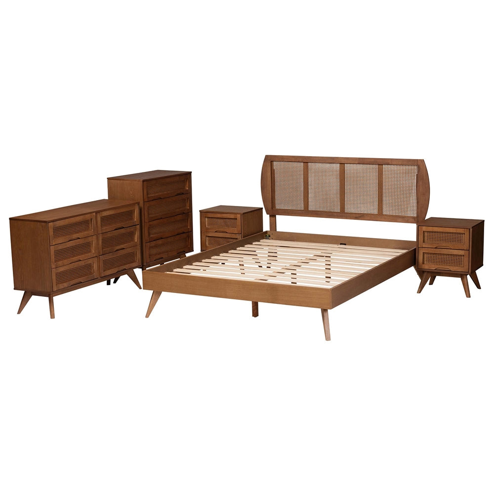 Asami Modern Walnut Brown Finished Wood And Woven Rattan Full Size 5-Piece Bedroom Set