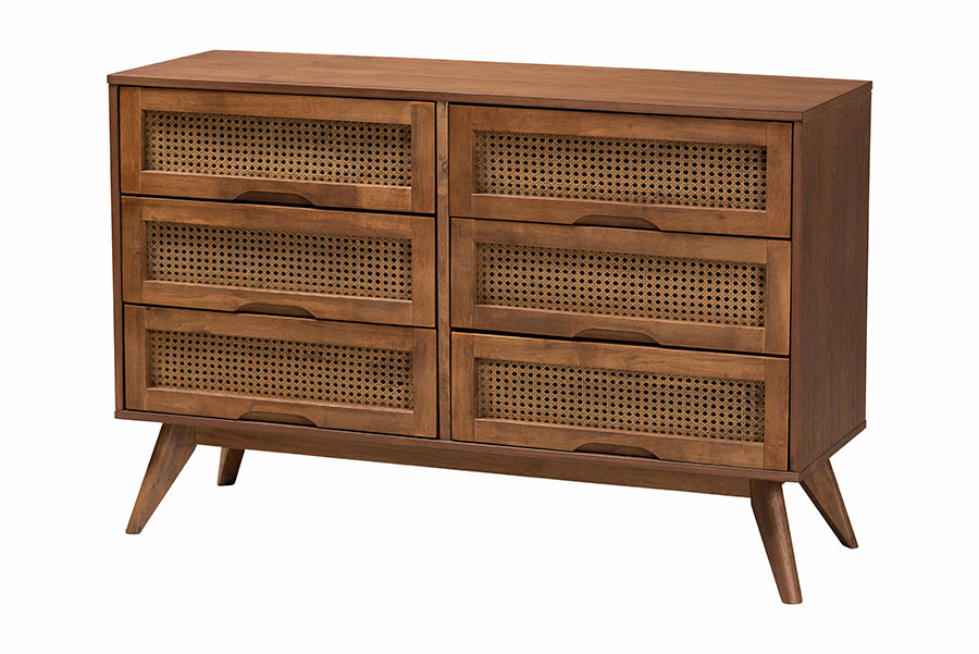 Asami Modern Walnut Brown Finished Wood And Woven Rattan Queen Size 5-Piece Bedroom Set