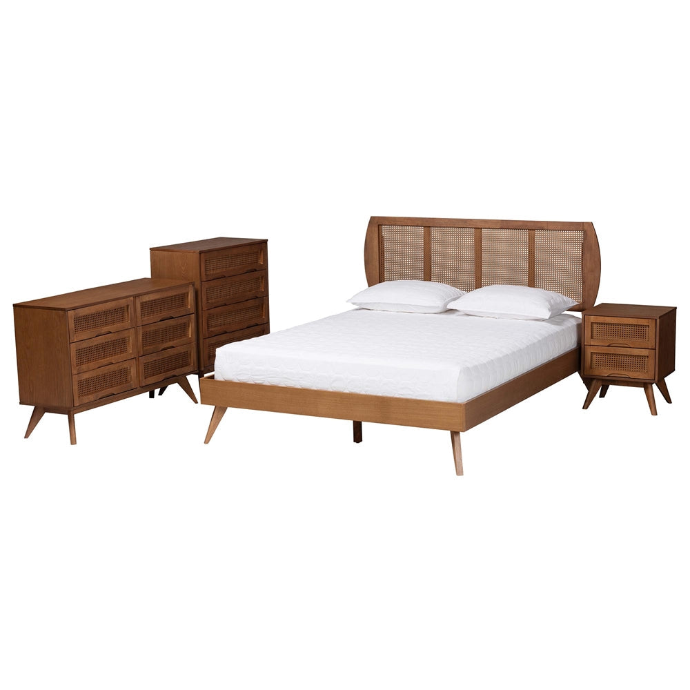 Asami Mid-Century Modern Walnut Brown Finished Wood And Woven Rattan Queen Size 4-Piece Bedroom Set