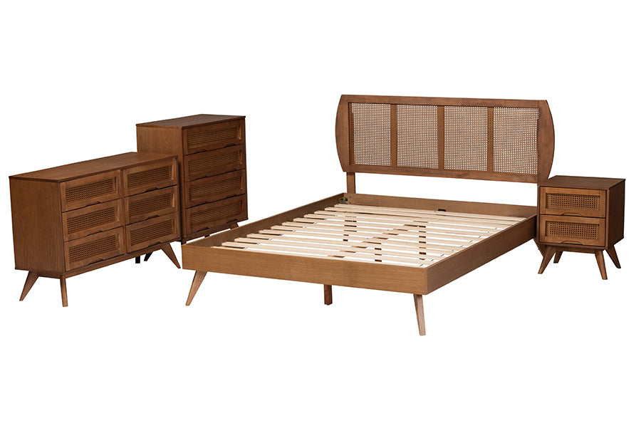Asami Mid-Century Modern Walnut Brown Finished Wood And Woven Rattan Queen Size 4-Piece Bedroom Set