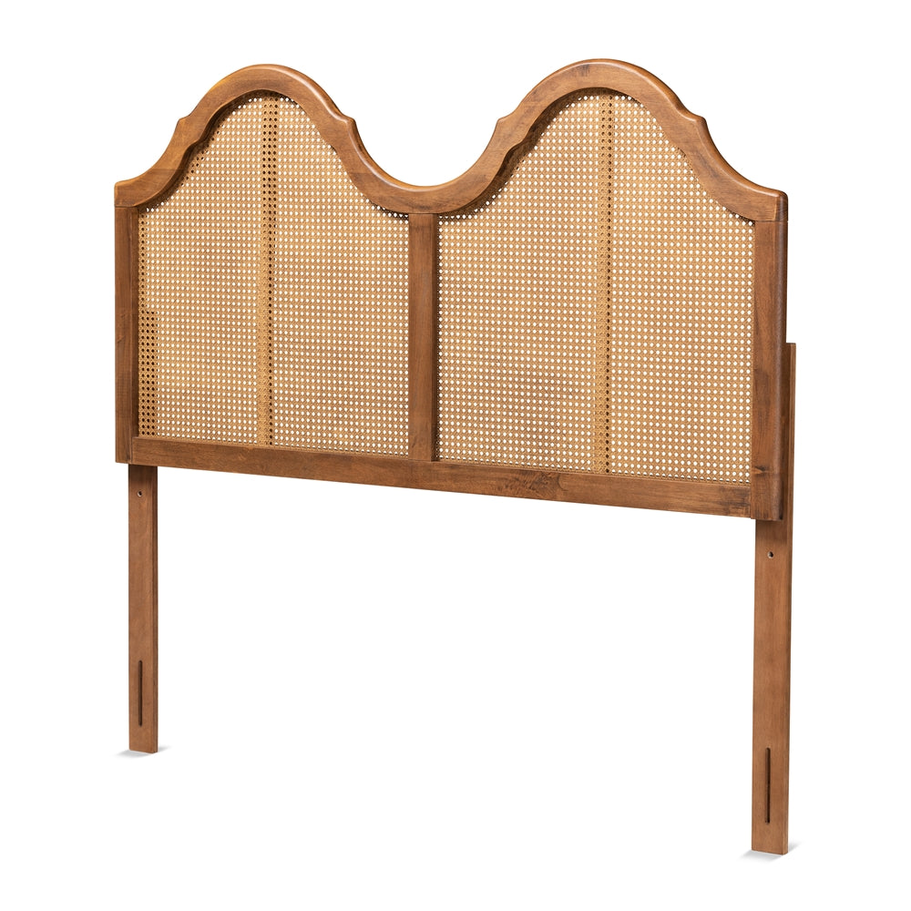 Hazel Vintage Classic and Traditional Ash Walnut Finished Wood and Synthetic Rattan Full Size Arched Headboard