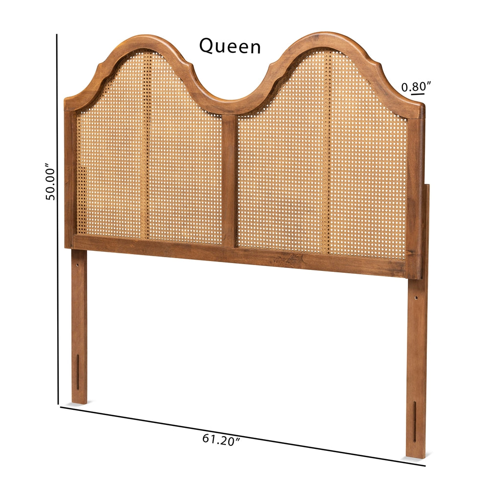 Hazel Vintage Classic and Traditional Ash Walnut Finished Wood and Synthetic Rattan Queen Size Arched Headboard