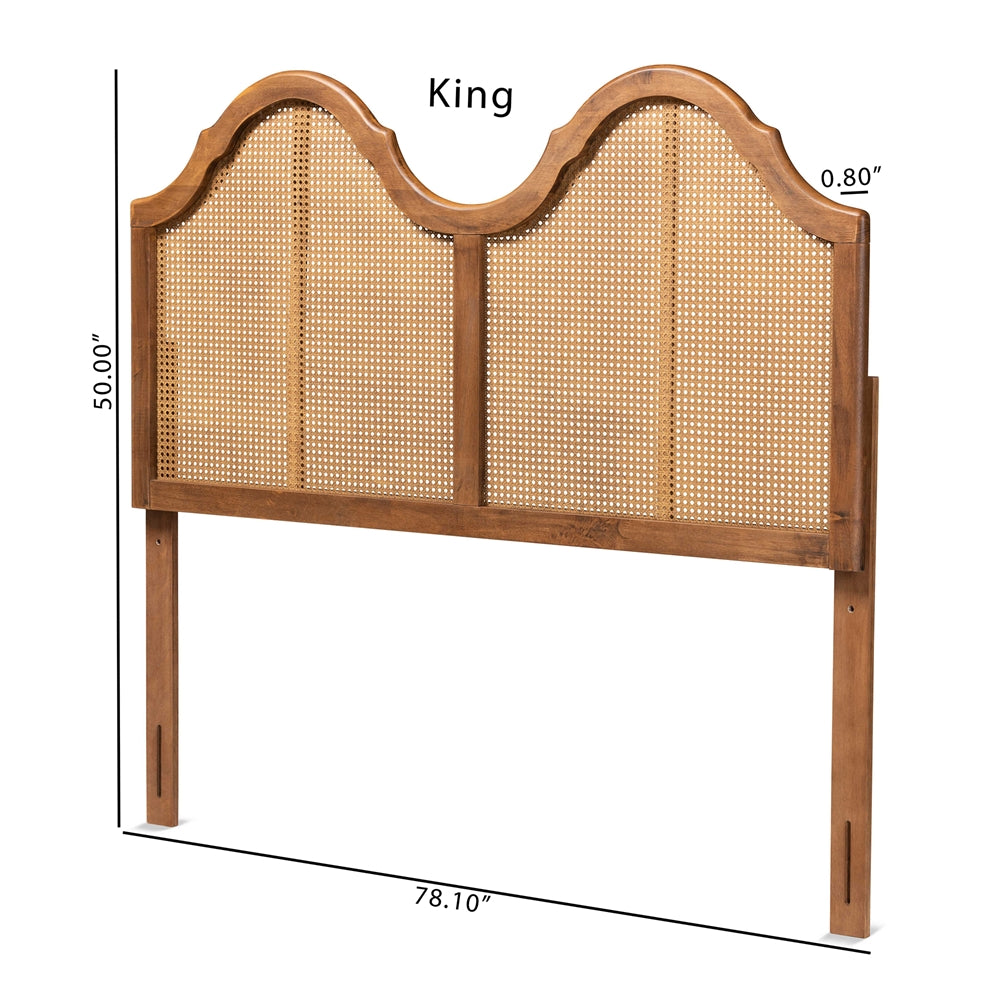 Hazel Vintage Classic and Traditional Ash Walnut Finished Wood and Synthetic Rattan King Size Arched Headboard