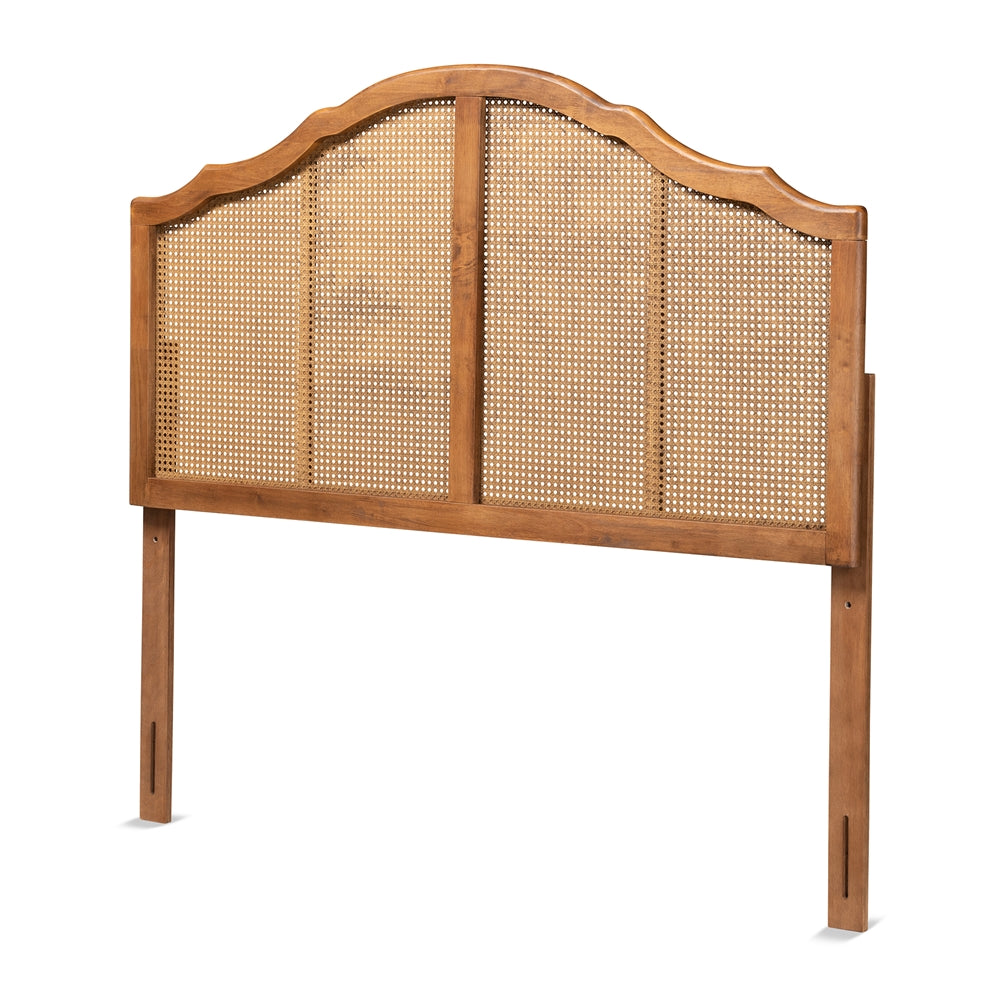 Iris Vintage Classic and Traditional Ash Walnut Finished Wood and Synthetic Rattan Queen Size Arched Headboard