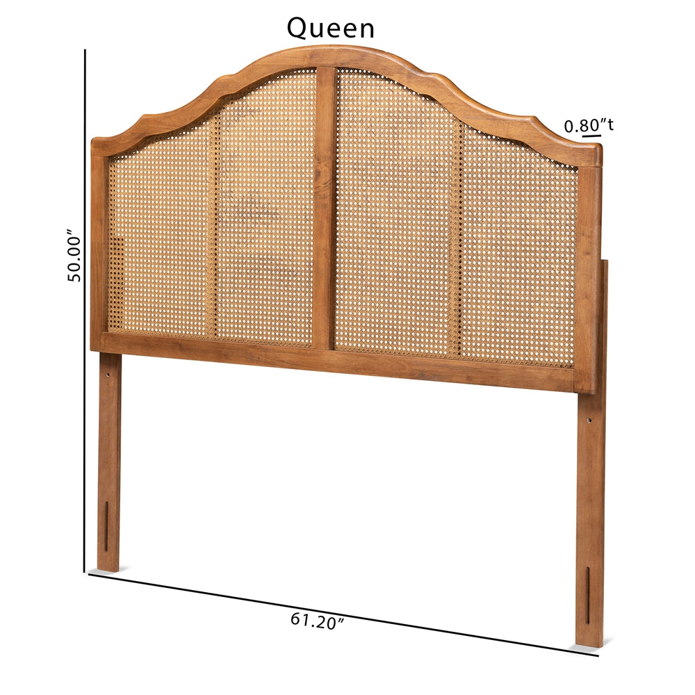 Iris Vintage Classic and Traditional Ash Walnut Finished Wood and Synthetic Rattan Queen Size Arched Headboard