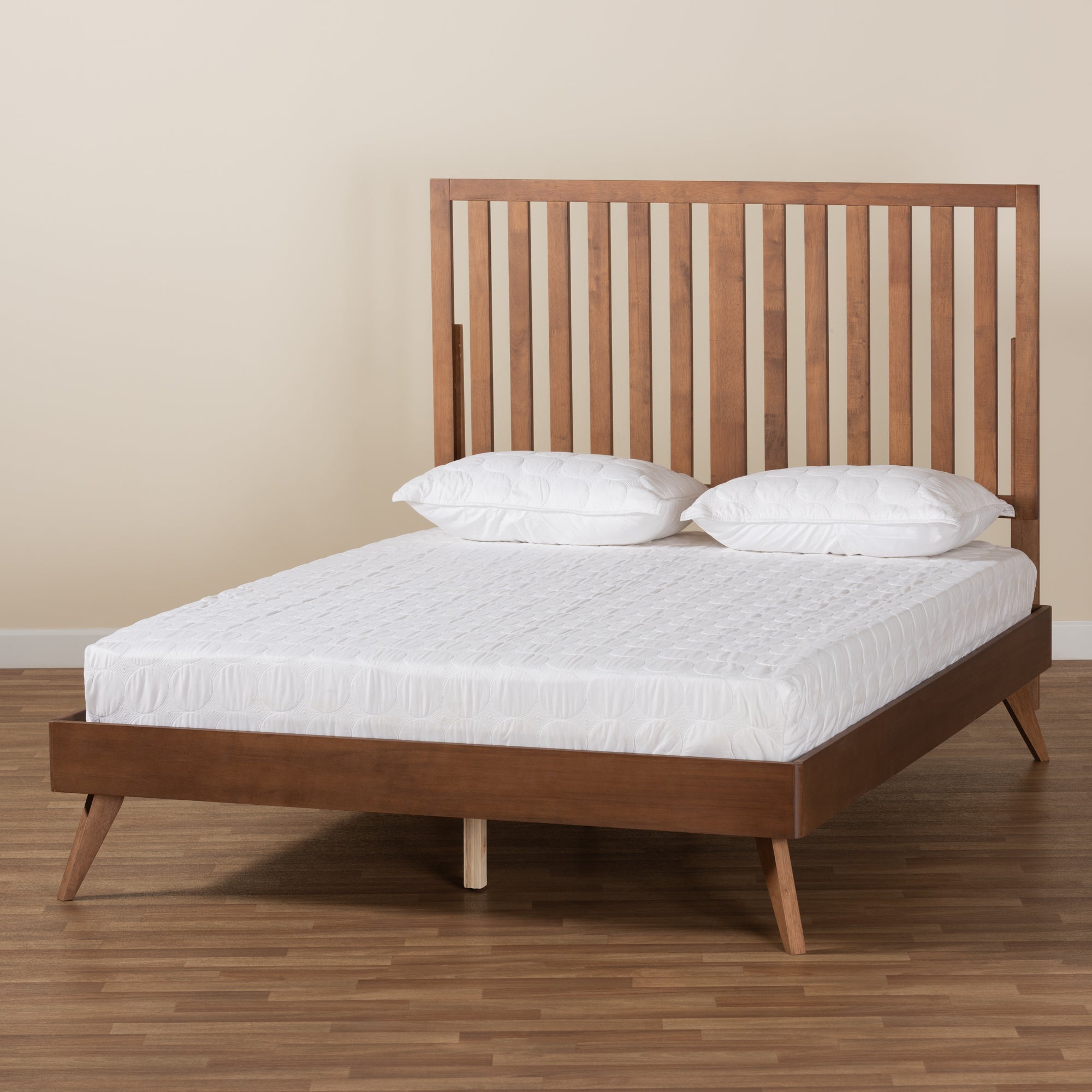 Saki Mid-Century Modern Walnut Brown Finished Wood Queen Size Platform Bed