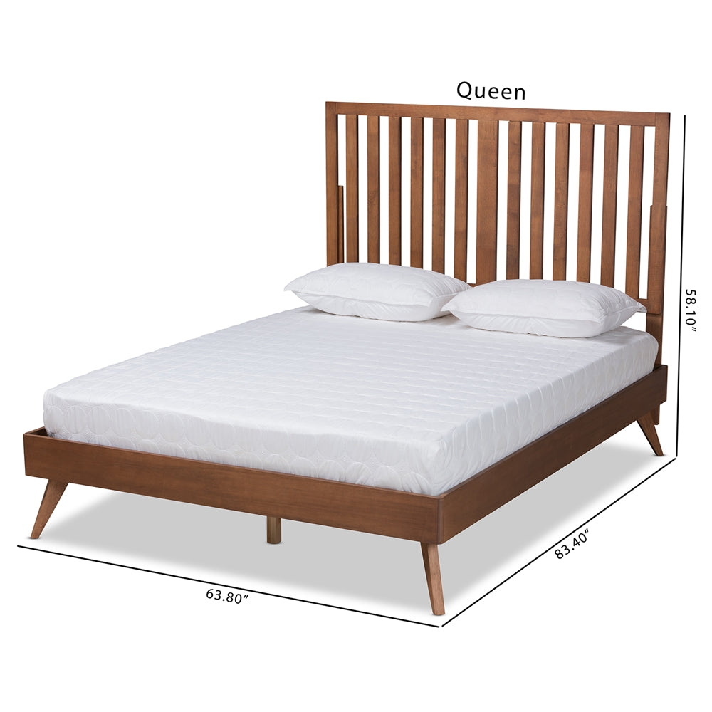 Saki Mid-Century Modern Walnut Brown Finished Wood Queen Size Platform Bed