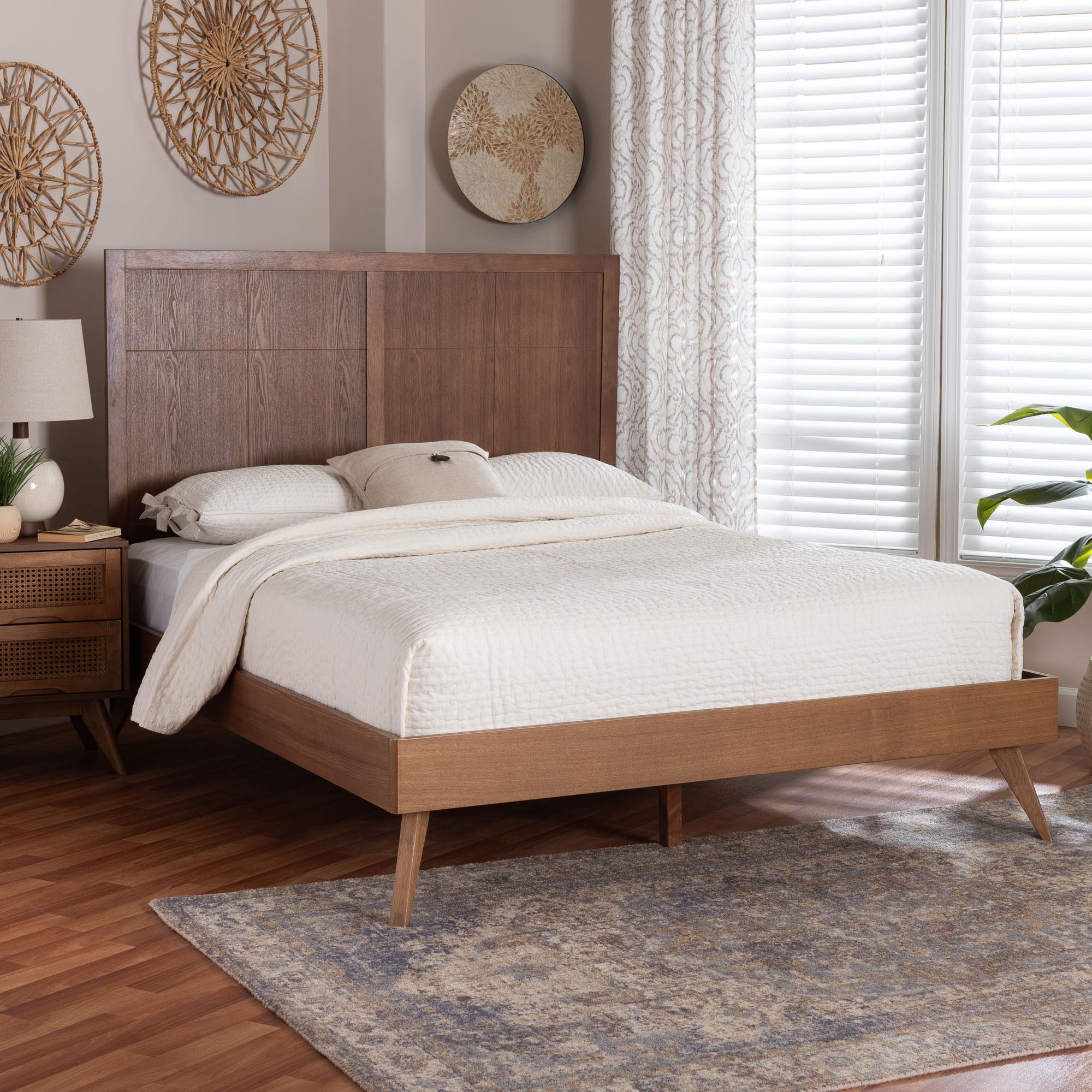 Noela Platform Bed - Mid-Century Modern Wood Bed Frame with Panel Headboard and Angled Legs for Bedroom or Guest Room, Queen