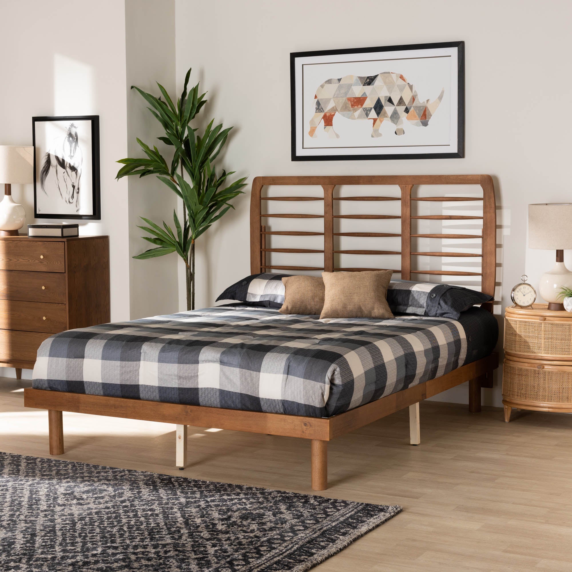 Kenny Full Size Mid-Century Platform Bed – Ash Walnut Finish with Rounded Legs