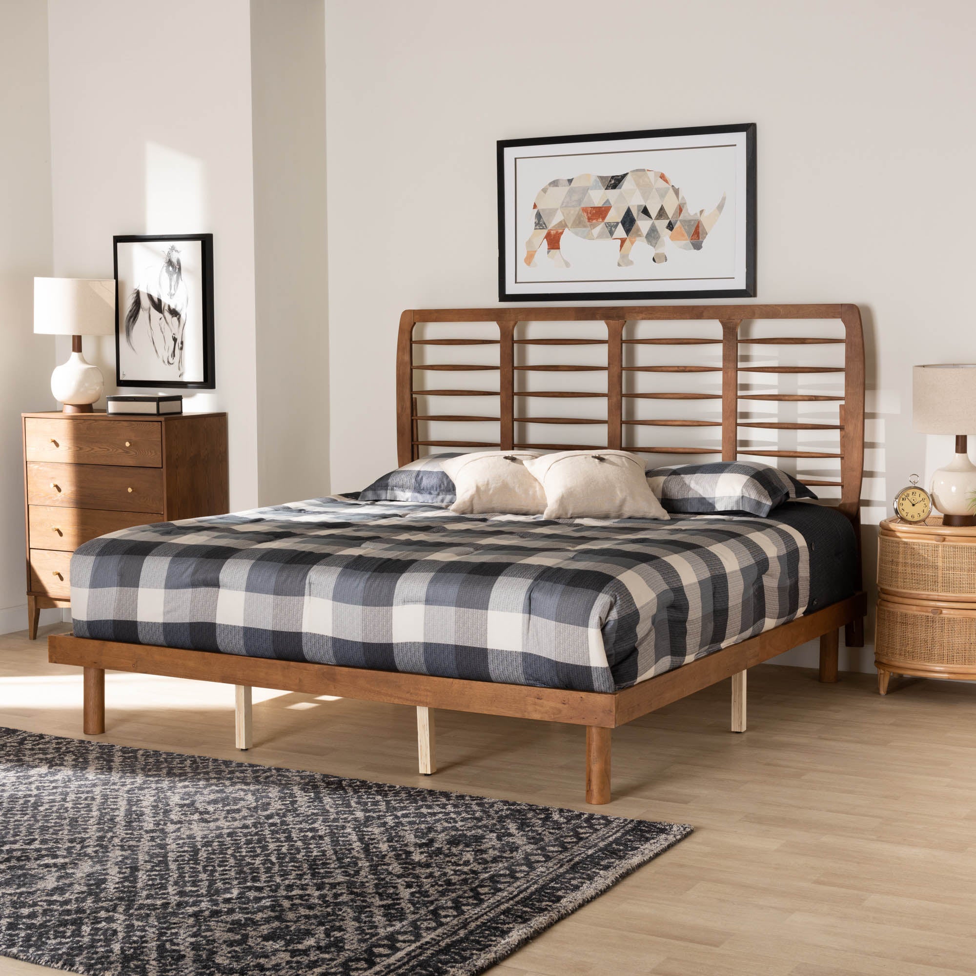 Georgette King Size Mid-Century Platform Bed – Ash Walnut Finish with Adjustable Headboard