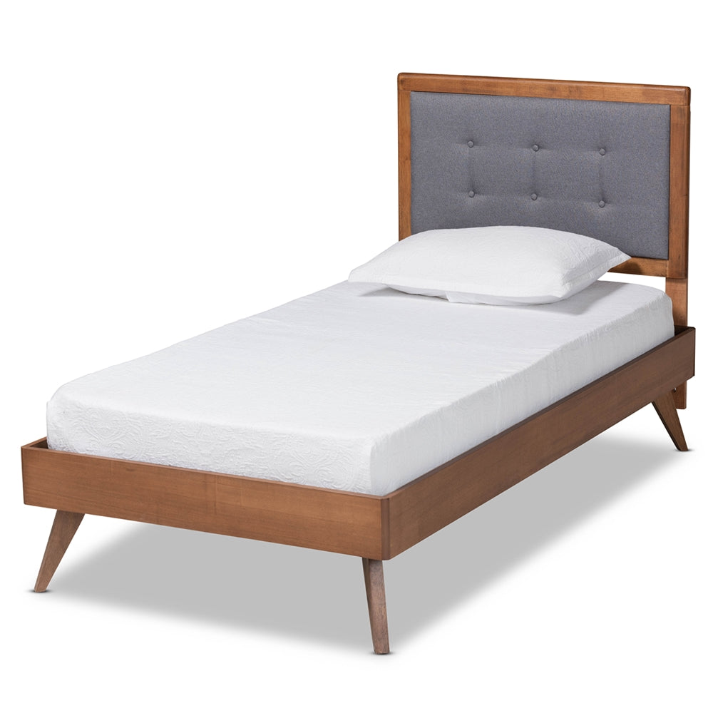 Dave Alida Twin Size Light Grey Upholstered Bed – Walnut Wood Frame & Mid-Century Style
