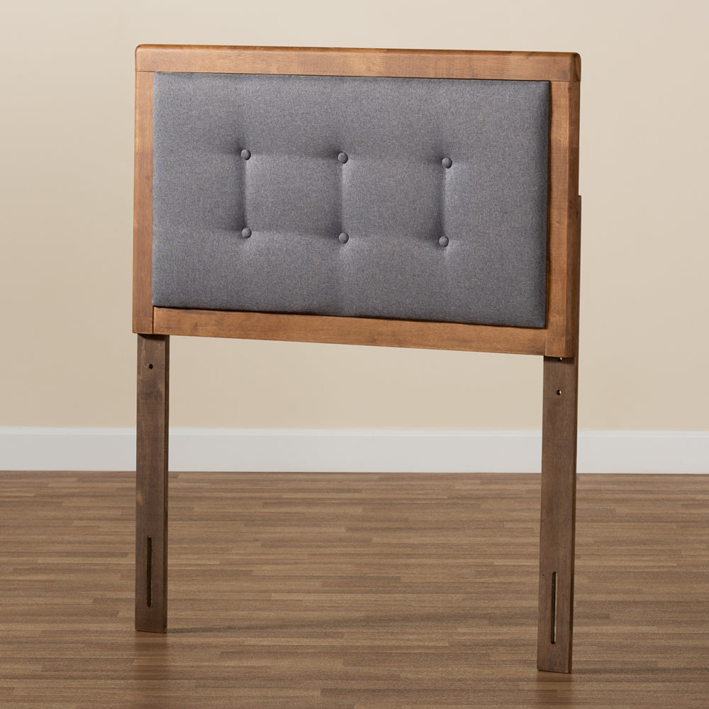 Sarine Mid-Century Modern Dark Grey Fabric Upholstered and Walnut Brown Finished Wood Twin Size Headboard