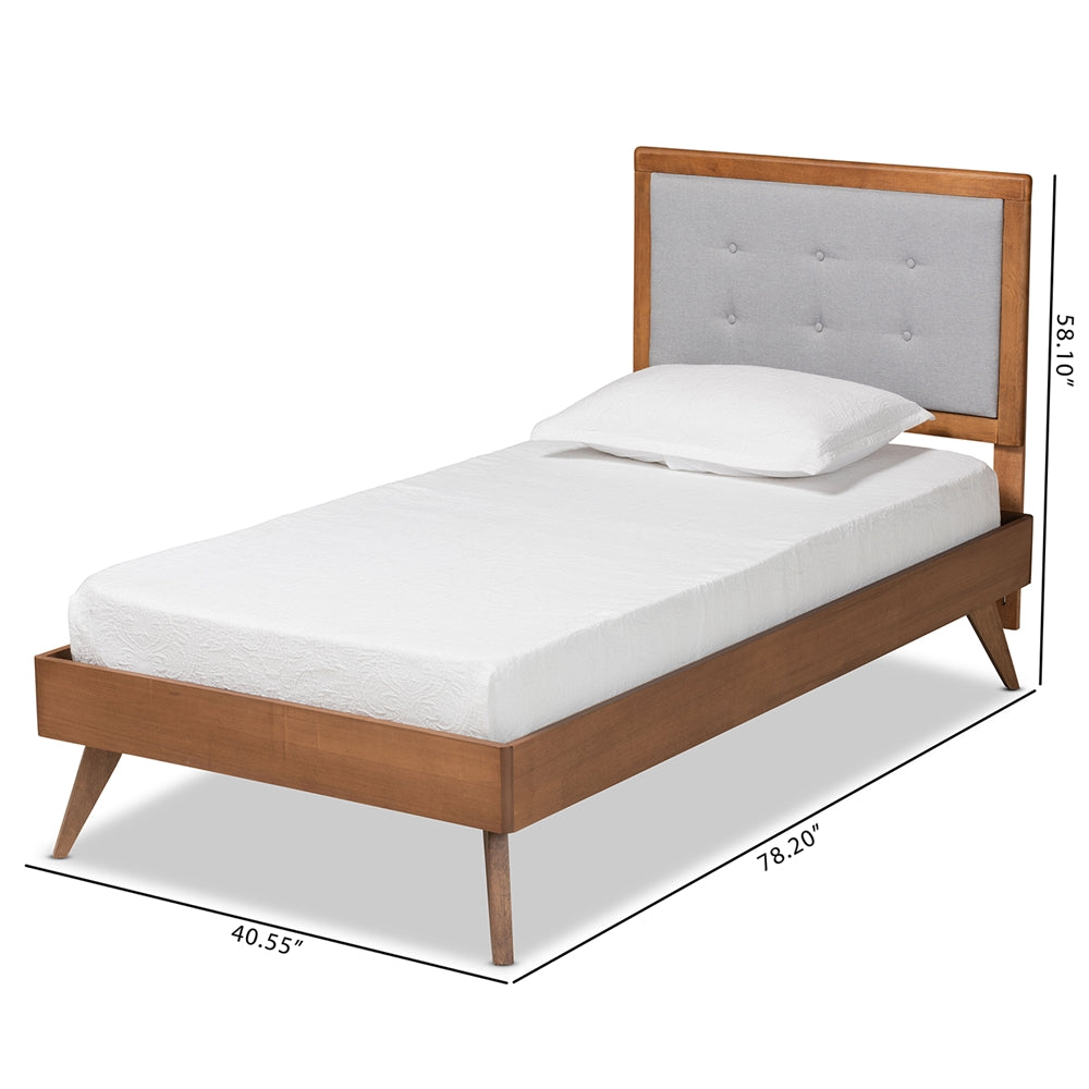 Dave Alida Twin Size Light Grey Upholstered Bed – Walnut Wood Frame & Mid-Century Style