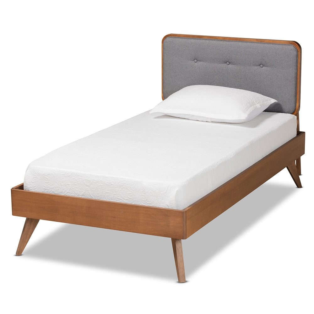 Dilara Light Grey Fabric and Walnut Brown Finished Wood Twin Size Bed