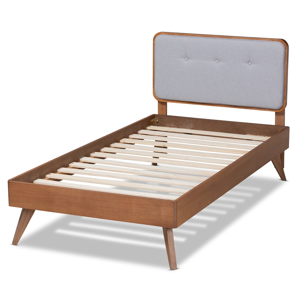 Dilara Light Grey Fabric and Walnut Brown Finished Wood Twin Size Bed