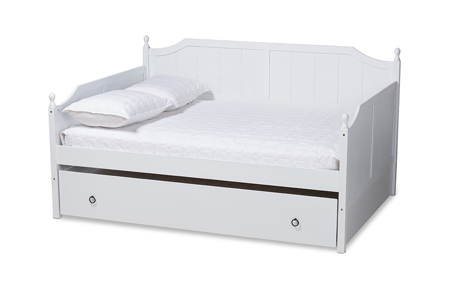 Millie Cottage Farmhouse White Finished Wood Full Size Daybed With Trundle