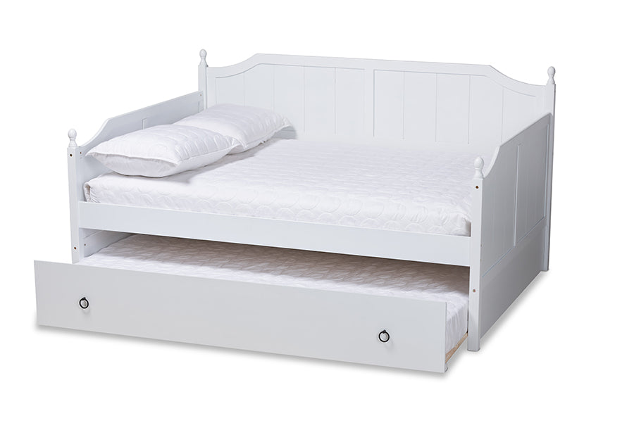 Millie Cottage Farmhouse White Finished Wood Full Size Daybed With Trundle