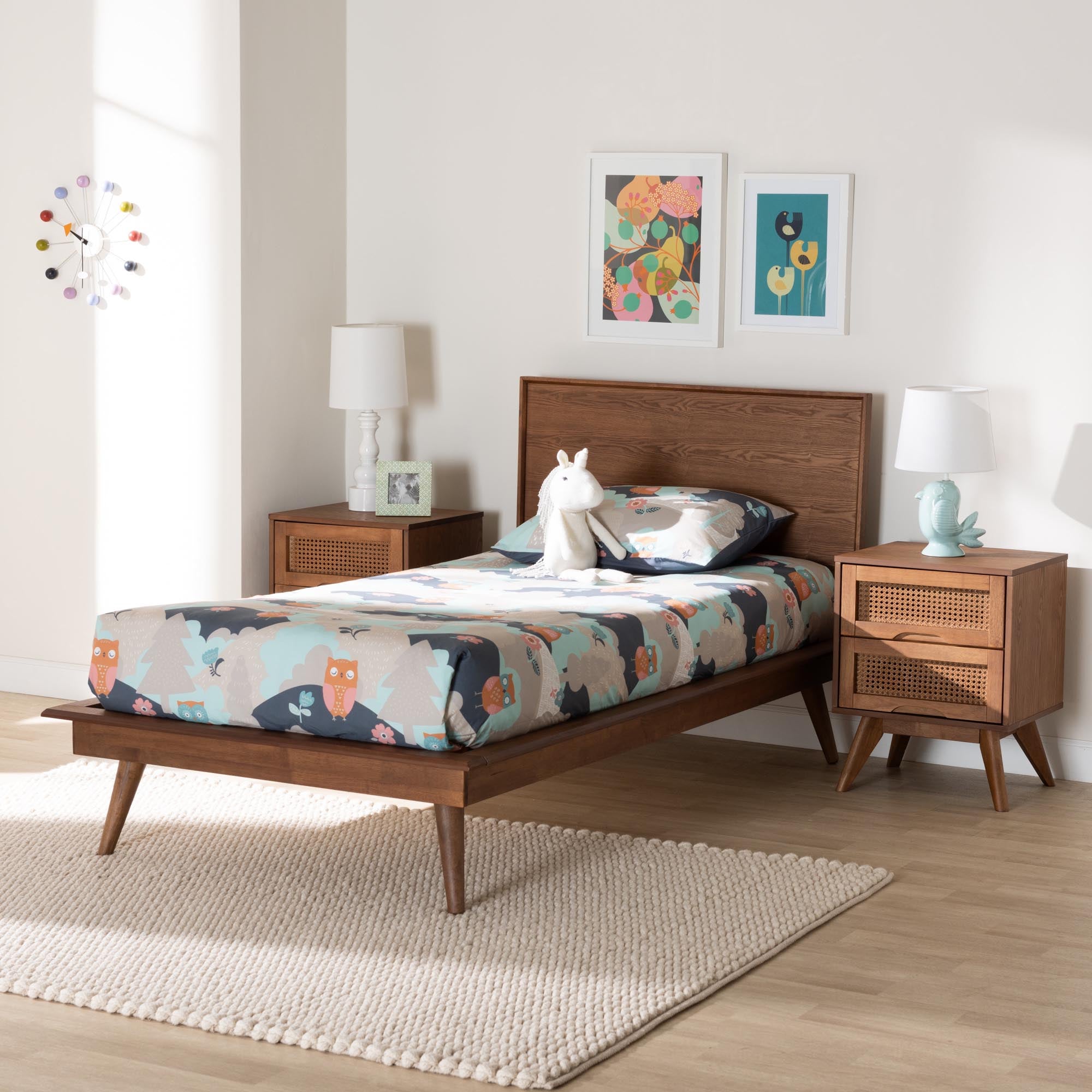 Warren Twin Wood Platform Bed Set – Mid-Century Modern 3-Piece with Rattan Details