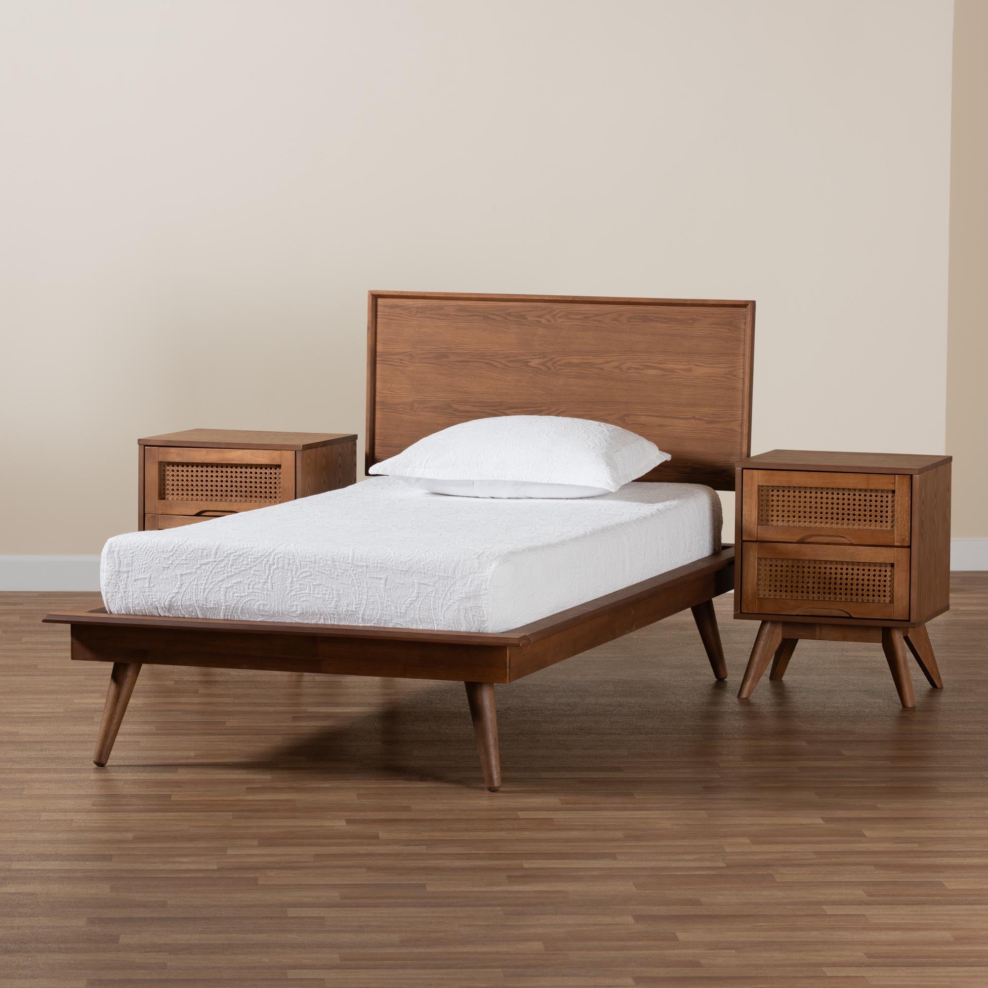 Warren Twin Wood Platform Bed Set – Mid-Century Modern 3-Piece with Rattan Details
