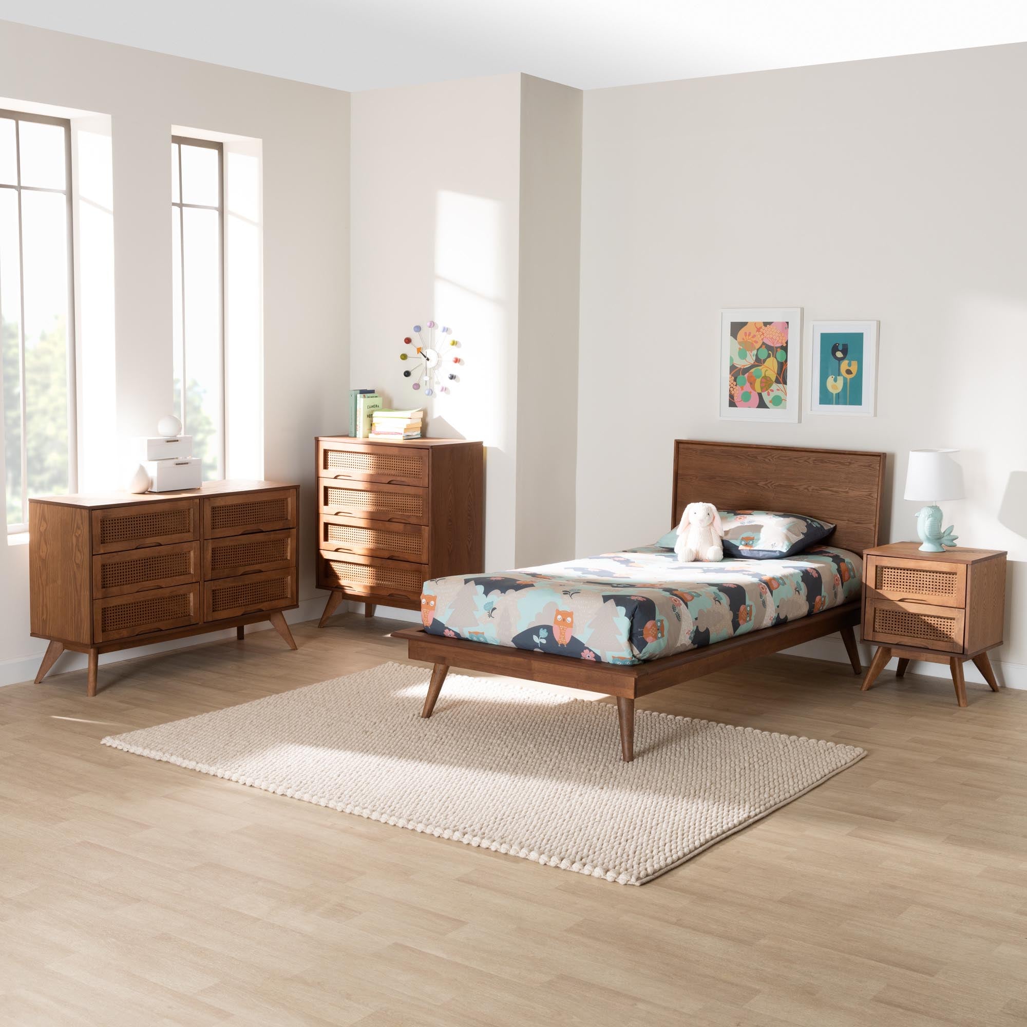 Baltimore Twin Mid-Century Modern Wood Bedroom Set – 4-Piece Walnut Brown with Rattan