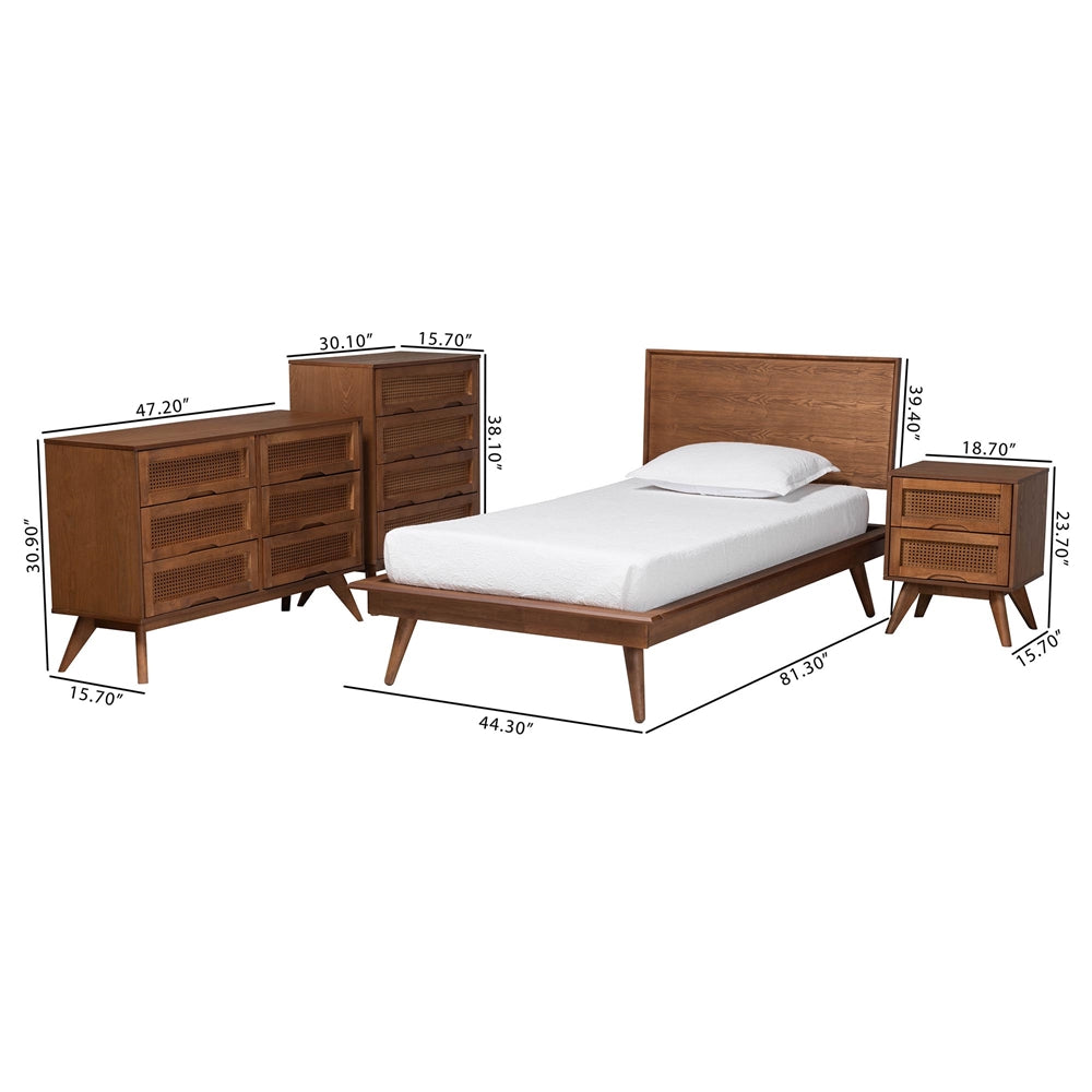 Baltimore Twin Mid-Century Modern Wood Bedroom Set – 4-Piece Walnut Brown with Rattan