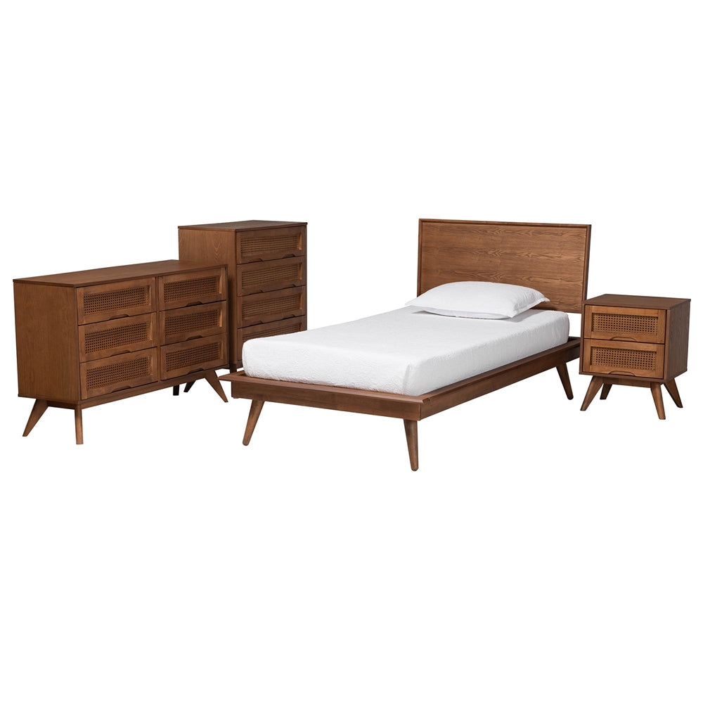 Baltimore Twin Mid-Century Modern Wood Bedroom Set – 4-Piece Walnut Brown with Rattan