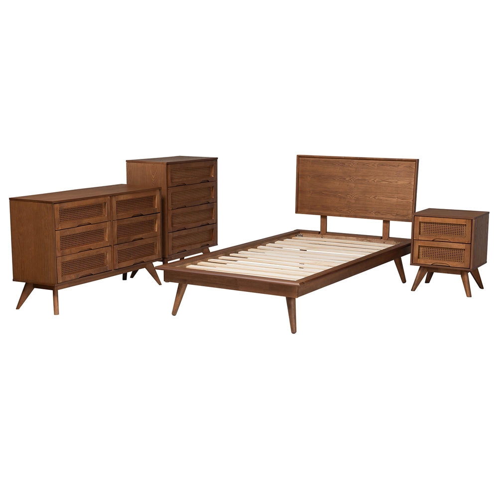 Baltimore Twin Mid-Century Modern Wood Bedroom Set – 4-Piece Walnut Brown with Rattan