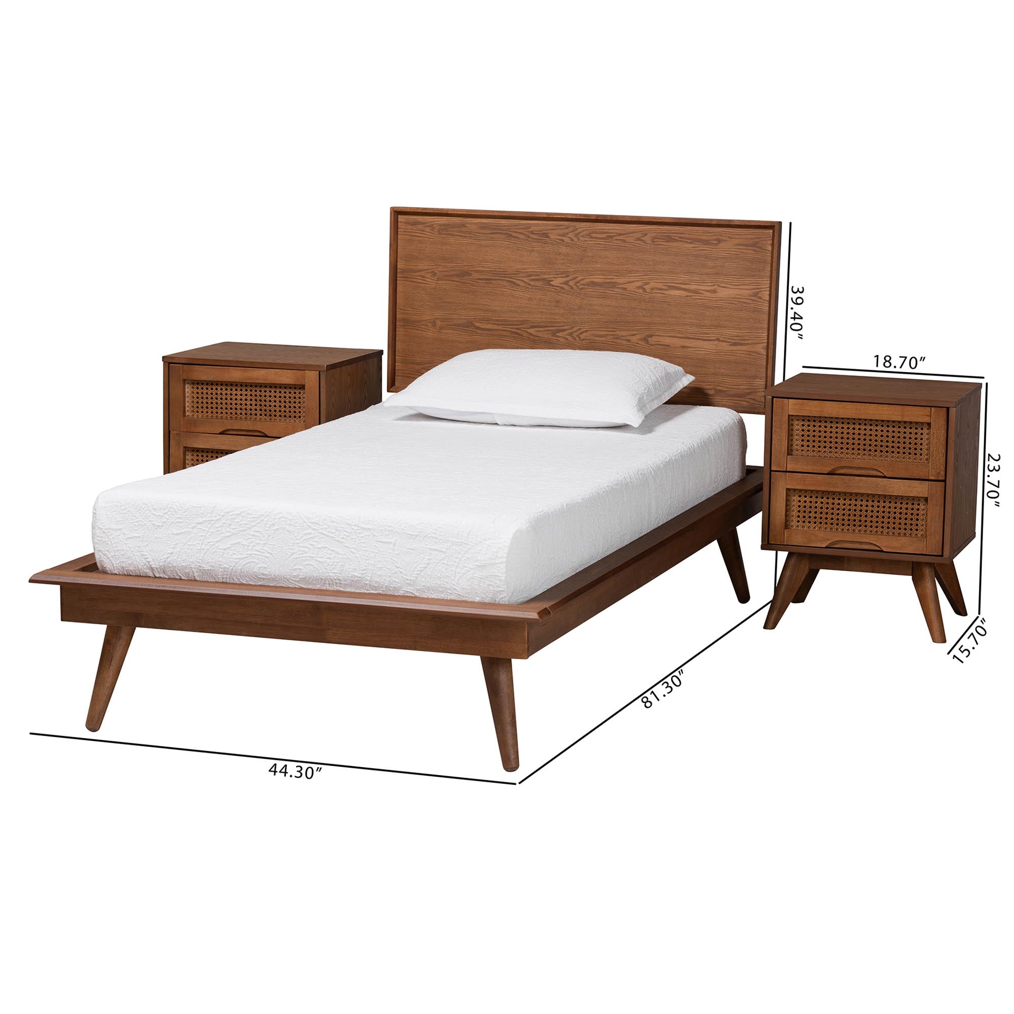 Warren Twin Wood Platform Bed Set – Mid-Century Modern 3-Piece with Rattan Details