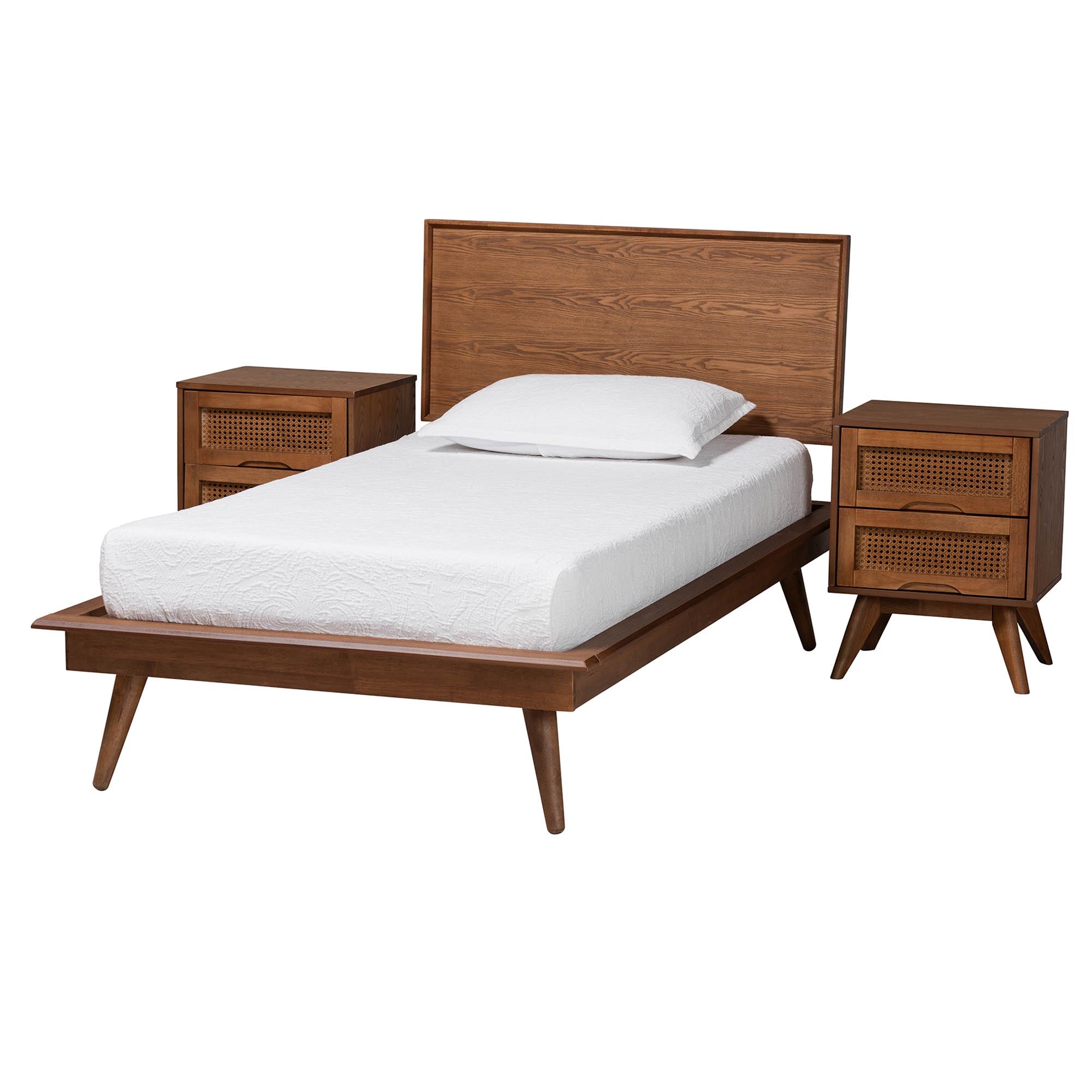 Warren Twin Wood Platform Bed Set – Mid-Century Modern 3-Piece with Rattan Details