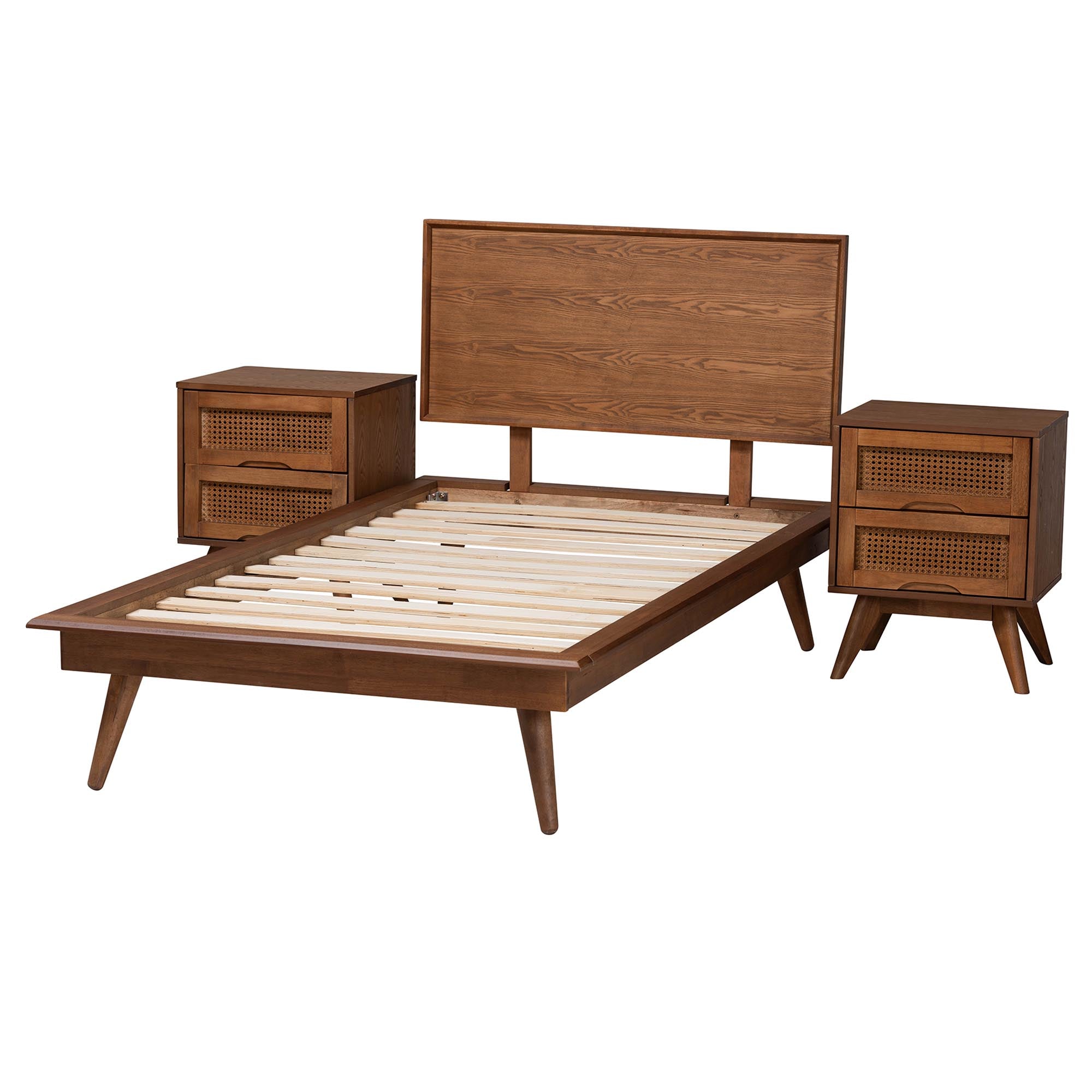 Warren Twin Wood Platform Bed Set – Mid-Century Modern 3-Piece with Rattan Details