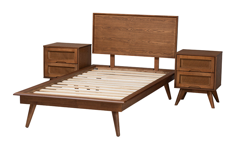 Warren Twin Wood Platform Bed Set – Mid-Century Modern 3-Piece with Rattan Details