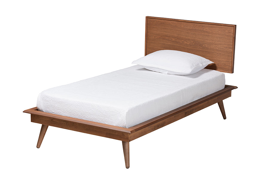 Warren Twin Wood Platform Bed Set – Mid-Century Modern 3-Piece with Rattan Details