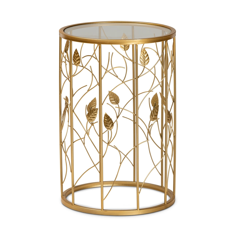 Anaya Modern and Contemporary Brushed Gold Finished Metal and Glass Leaf Accent End Table