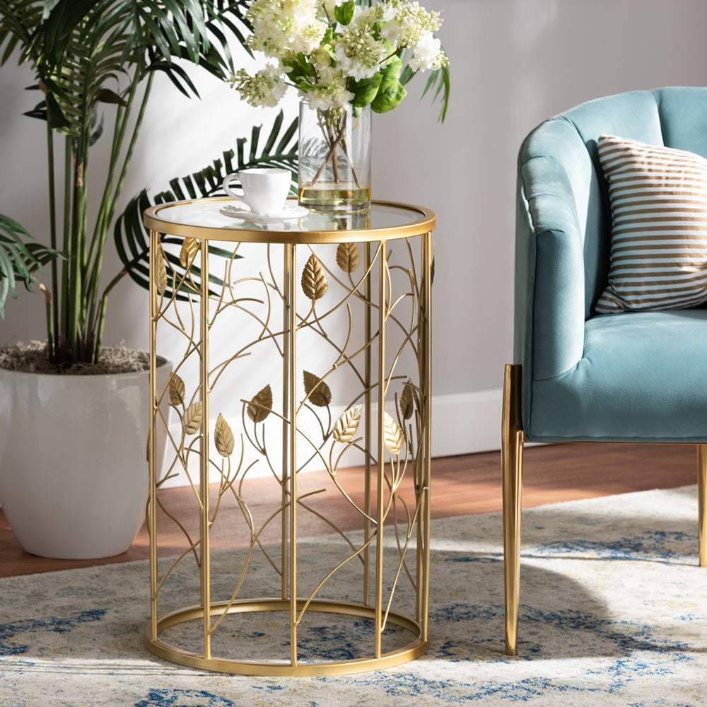 Anaya Modern and Contemporary Brushed Gold Finished Metal and Glass Leaf Accent End Table
