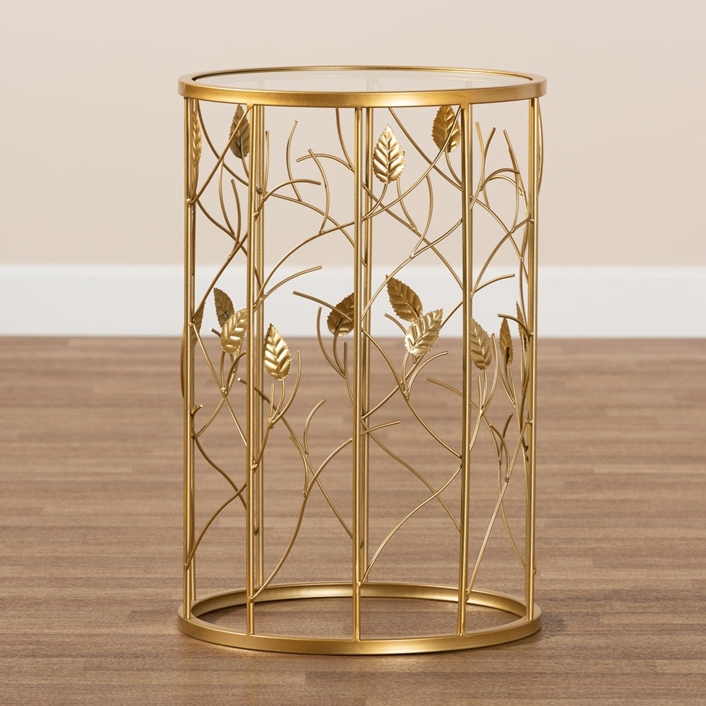 Anaya Modern and Contemporary Brushed Gold Finished Metal and Glass Leaf Accent End Table