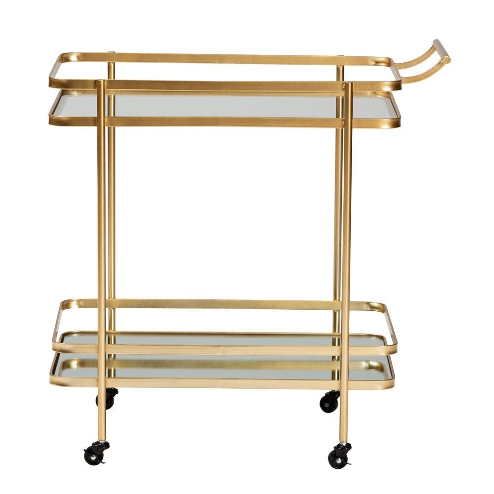 Destin Modern and Contemporary Brushed Gold Finished Metal and Mirrored Glass 2-Tier Mobile Wine Bar Cart