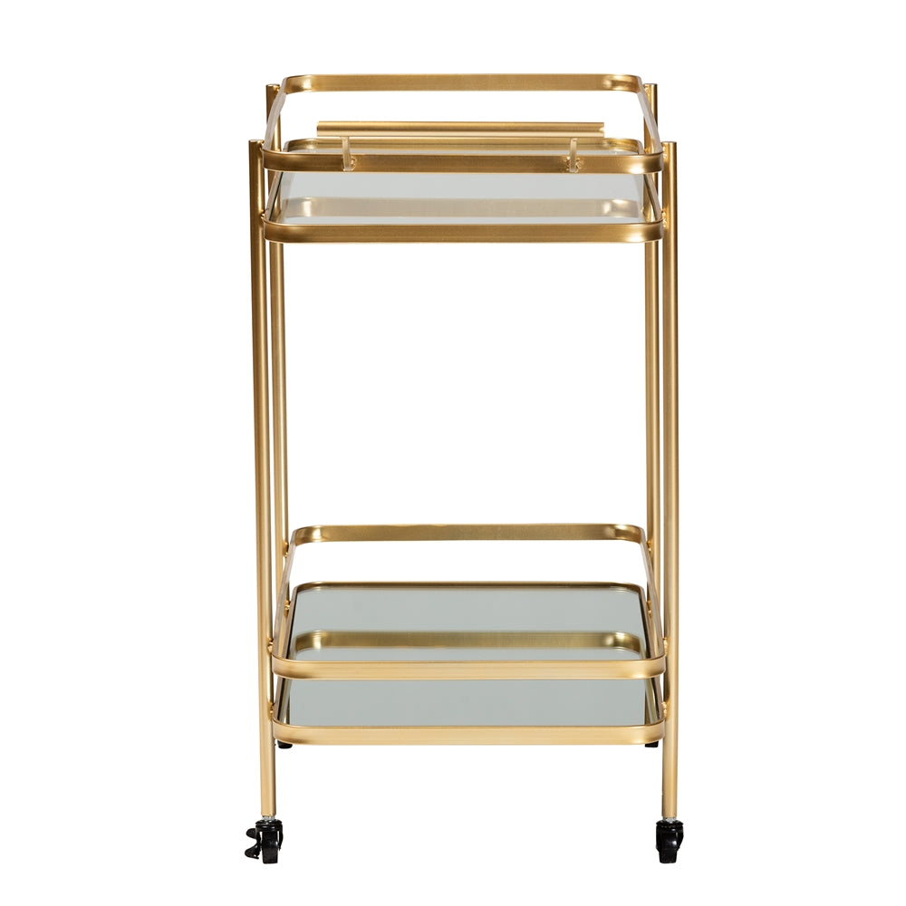 Destin Modern and Contemporary Brushed Gold Finished Metal and Mirrored Glass 2-Tier Mobile Wine Bar Cart
