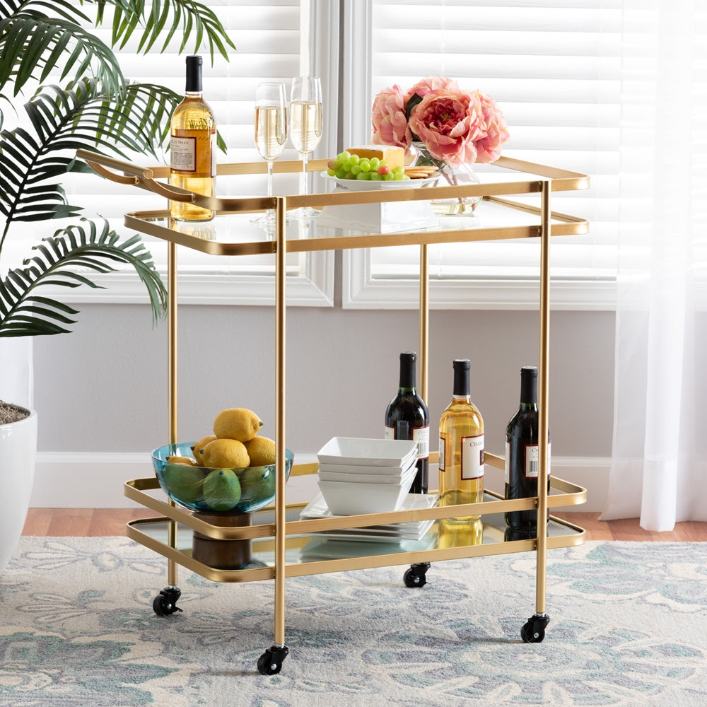 Destin Modern and Contemporary Brushed Gold Finished Metal and Mirrored Glass 2-Tier Mobile Wine Bar Cart