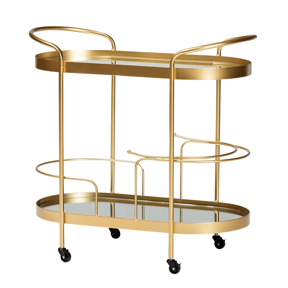 Kamal Modern and Contemporary Brushed Gold Finished Metal and Mirrored Glass 2-Tier Mobile Wine Bar Cart