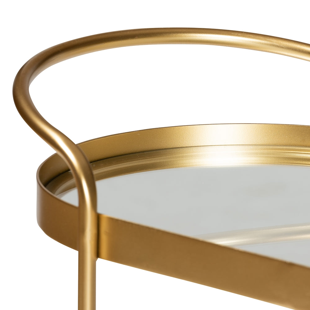 Kamal Modern and Contemporary Brushed Gold Finished Metal and Mirrored Glass 2-Tier Mobile Wine Bar Cart