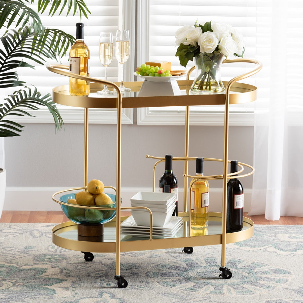 Kamal Modern and Contemporary Brushed Gold Finished Metal and Mirrored Glass 2-Tier Mobile Wine Bar Cart