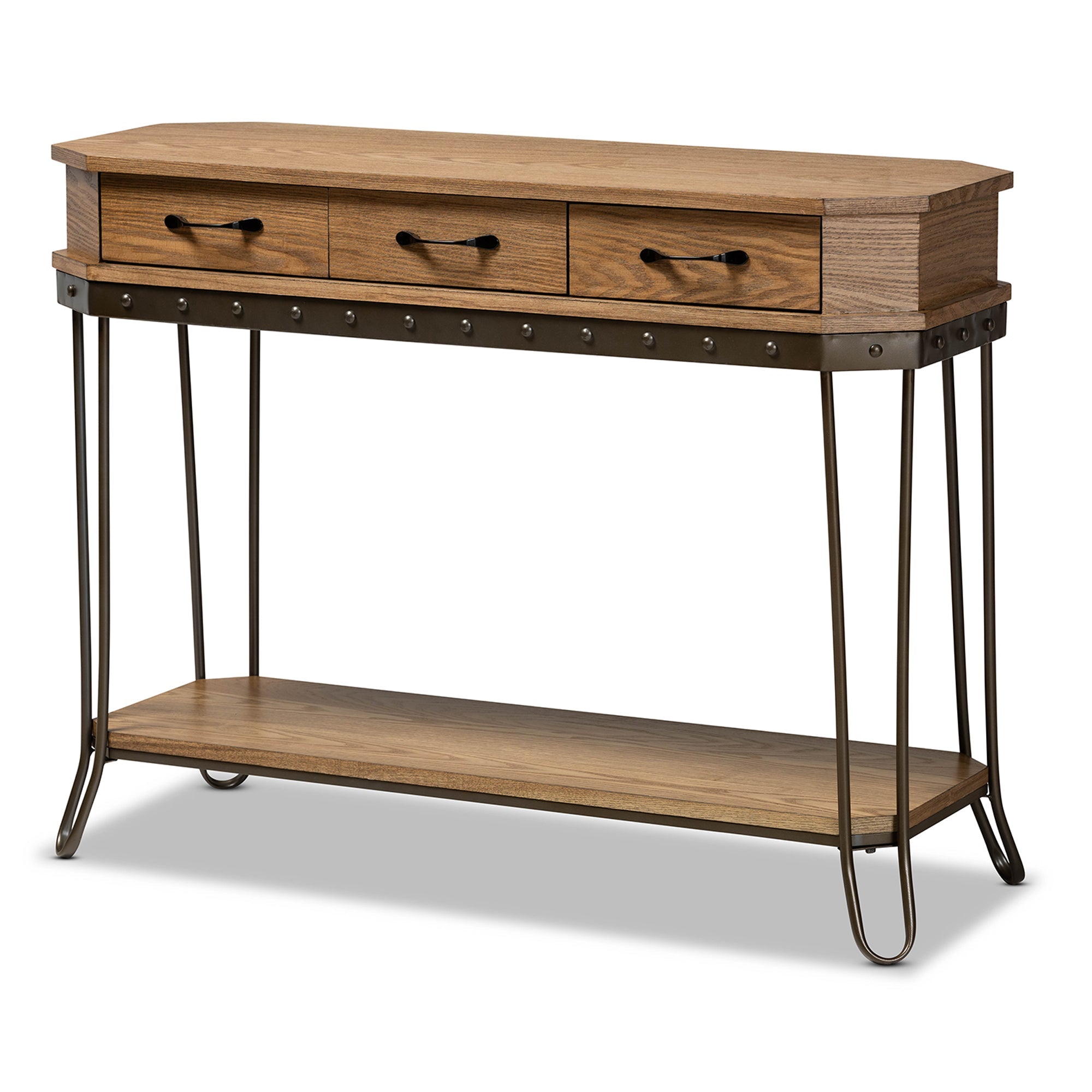 Kellyn Vintage Rustic Industrial Oak Brown Finished Wood and Black Finished Metal 3-Drawer Console Table